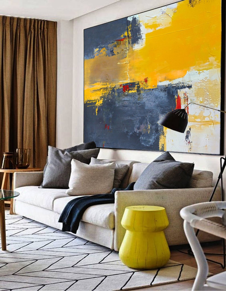 Abstract Painting Canvas,Large Yellow Abstract Painting,Beige Blue Abstract On Canvas Painting,Dark Blue Abstract Painting,Large Wall Art image 4