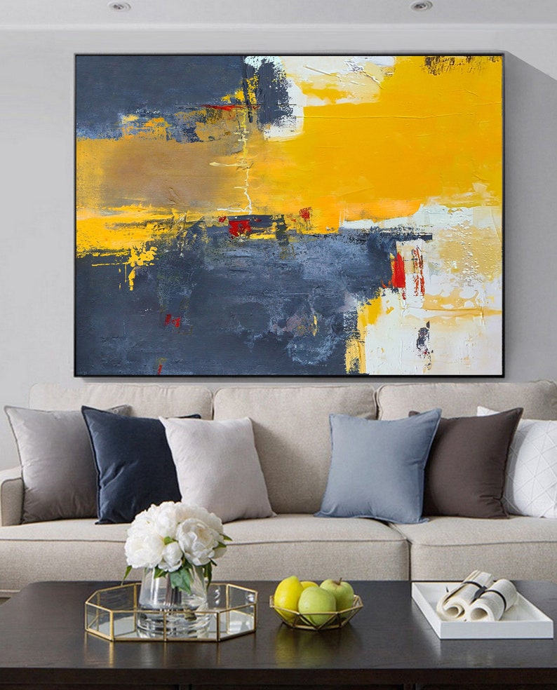 Abstract Painting Canvas,Large Yellow Abstract Painting,Beige Blue Abstract On Canvas Painting,Dark Blue Abstract Painting,Large Wall Art image 2