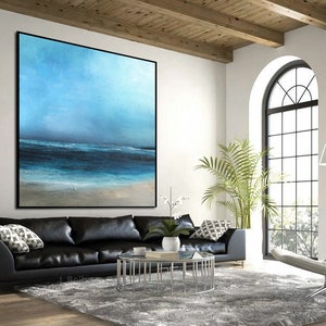 Large Original Sea Level Blue Oil Painting,Large Wall Art Light Blue Sky Oil Painting,Sky Landscape painting,Large Ocean Canvas Oil Painting image 7
