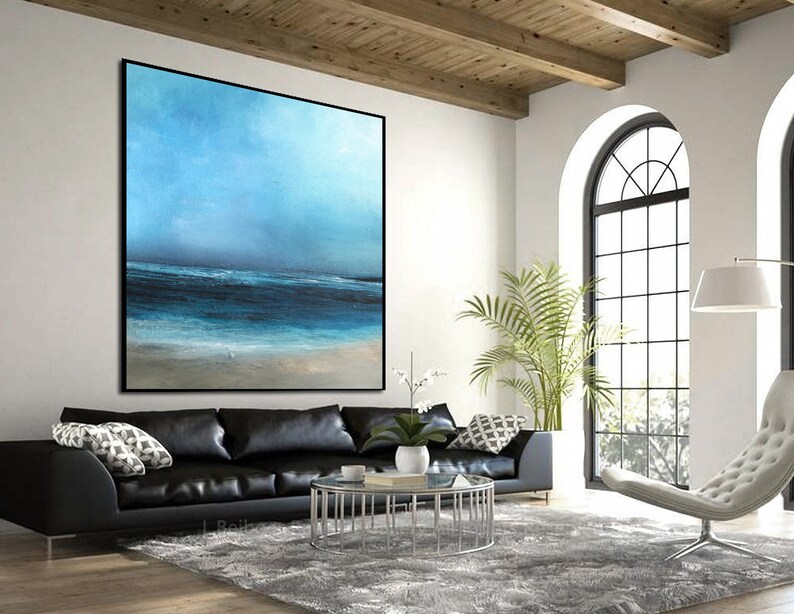 Large Original Sea Level Blue Oil Painting,Large Wall Art Light Blue Sky Oil Painting,Sky Landscape painting,Large Ocean Canvas Oil Painting image 7