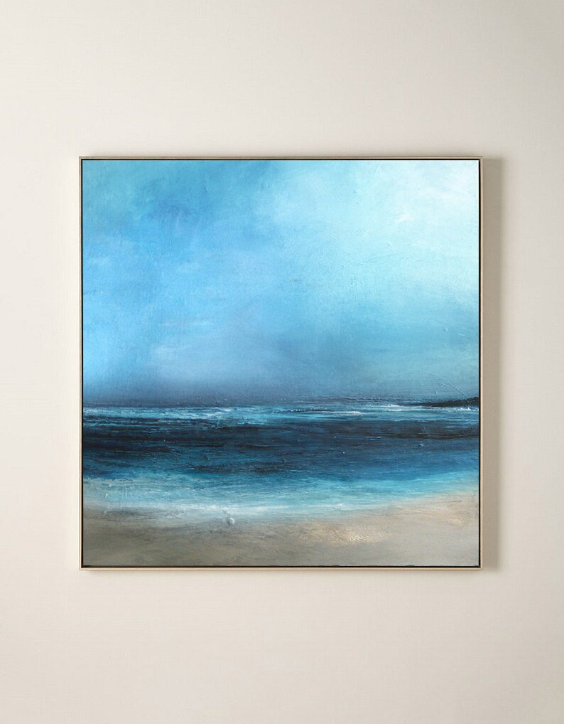 Large Original Sea Level Blue Oil Painting,Large Wall Art Light Blue Sky Oil Painting,Sky Landscape painting,Large Ocean Canvas Oil Painting image 9