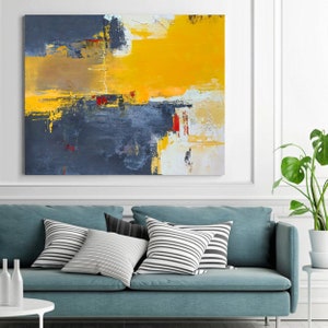 Abstract Painting Canvas,Large Yellow Abstract Painting,Beige Blue Abstract On Canvas Painting,Dark Blue Abstract Painting,Large Wall Art image 5