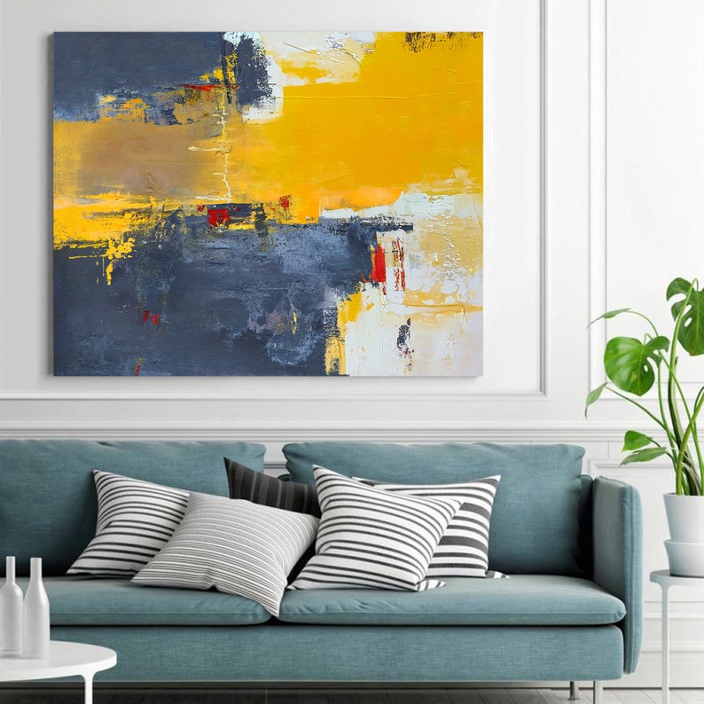 Abstract Painting Canvas,Large Yellow Abstract Painting,Beige Blue Abstract On Canvas Painting,Dark Blue Abstract Painting,Large Wall Art image 5