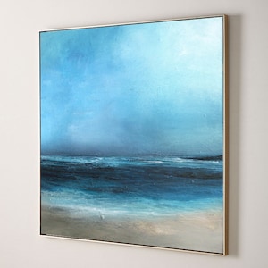 Large Original Sea Level Blue Oil Painting,Large Wall Art Light Blue Sky Oil Painting,Sky Landscape painting,Large Ocean Canvas Oil Painting image 8