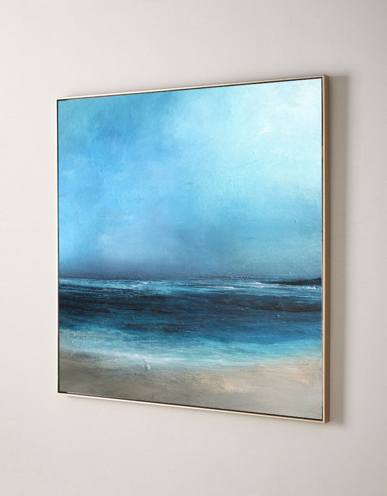 Large Original Sea Level Blue Oil Painting,Large Wall Art Light Blue Sky Oil Painting,Sky Landscape painting,Large Ocean Canvas Oil Painting image 8