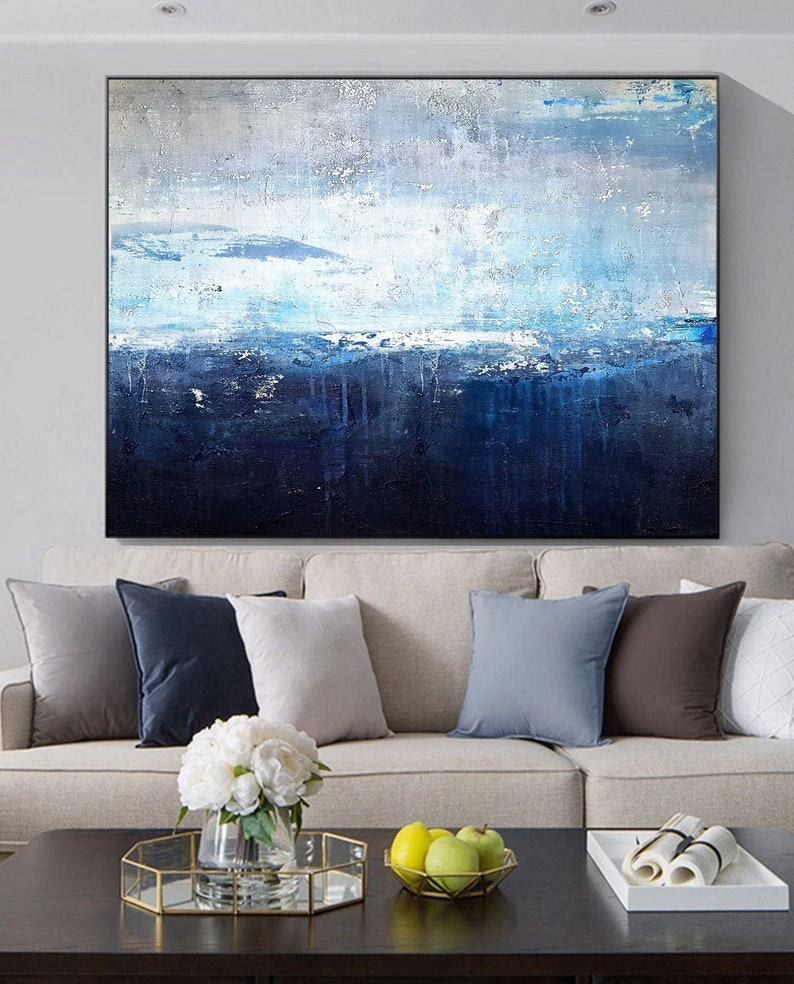 Original Sky Landscape Painting,Deep Blue Sea Abstract Art,Sea Level Abstract Oil Painting,Abstract Art Oil Painting,Large Wall Sea Painting image 2