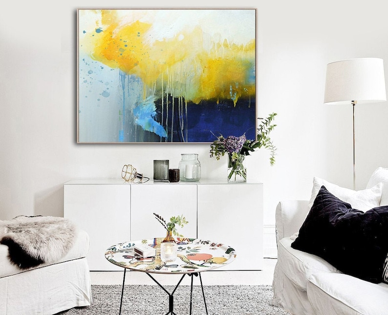 Deep Blue Abstract Canvas Painting, Large Yellow Painting,Minimalist Abstract Painting,Dining Room Art Painting,Canvas Abstract Oil Painting image 1