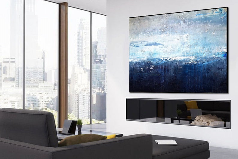 Original Sky Landscape Painting,Deep Blue Sea Abstract Art,Sea Level Abstract Oil Painting,Abstract Art Oil Painting,Large Wall Sea Painting image 3