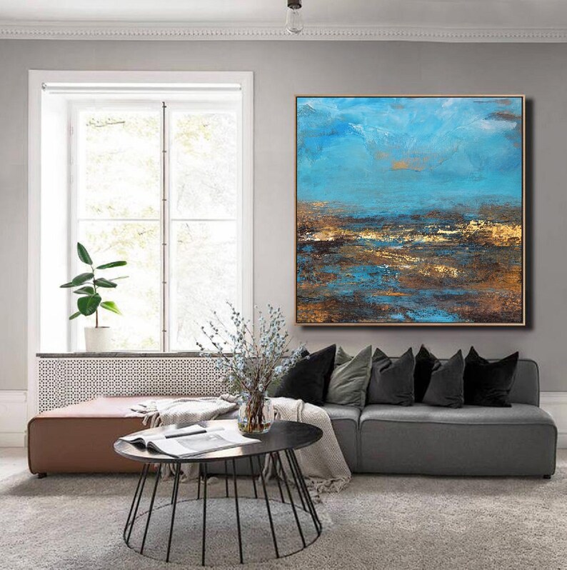 Large Brown Abstract Oil Paintingdeep Blue Sky and Beach Etsy
