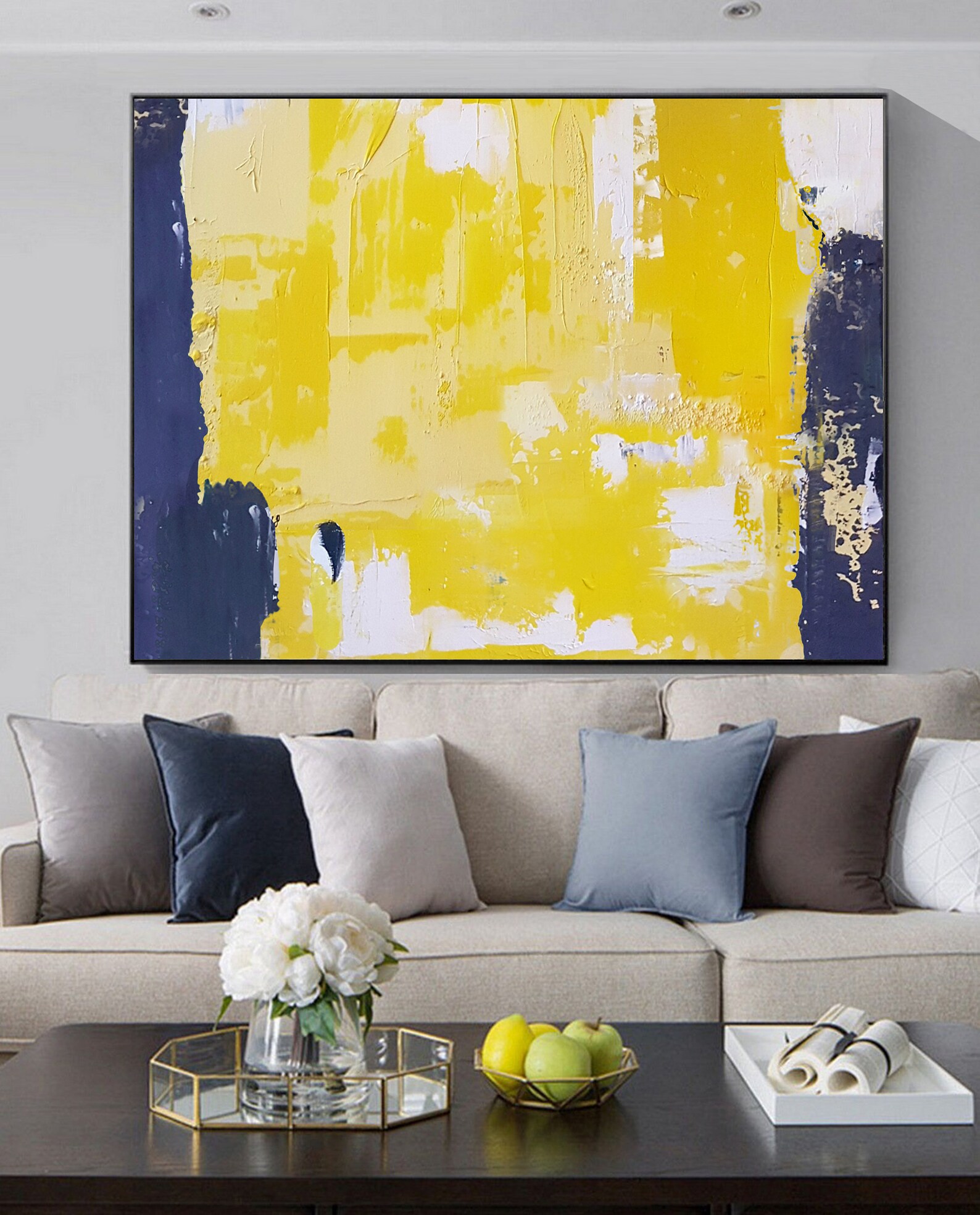 Original Yellow Abstract Wall ArtWhite Abstract PaintingBlue Etsy