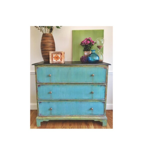 Aged Turquoise Green 3 Drawer Dresser Antique Style Dresser Etsy