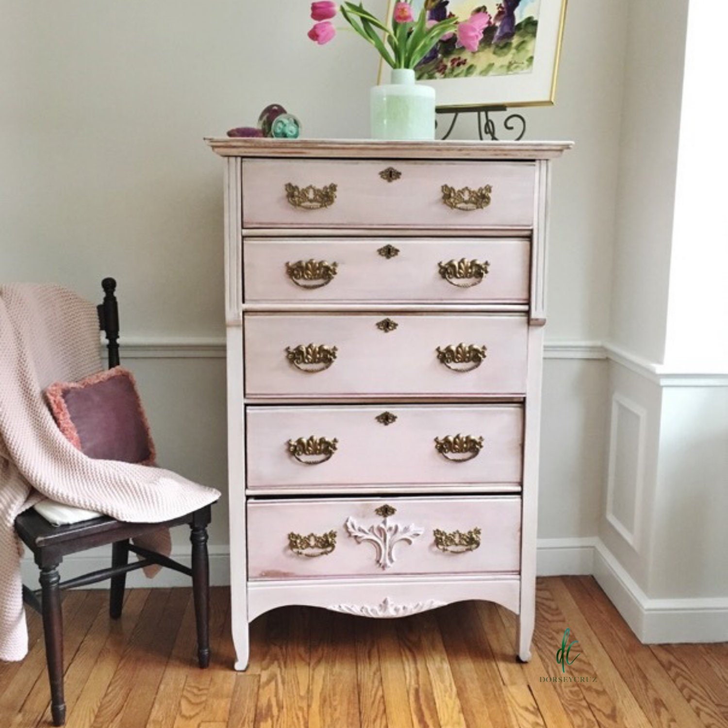 Vintage 5 Drawer Dresser Hand Painted In Pink Vintage Etsy