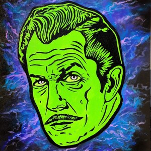 Peut inclure: Une illustration d'un visage d'homme en vert et noir sur un fond bleu et violet. L'homme a une expression sérieuse et une moustache.