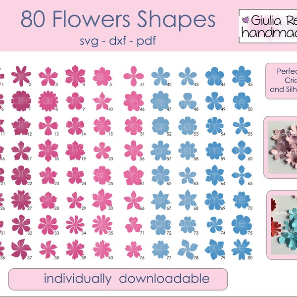 80 druckbare Papierblumen SVG, DXF, PDF, A4 Größe 300 dpi, für Cricut und Silhouette