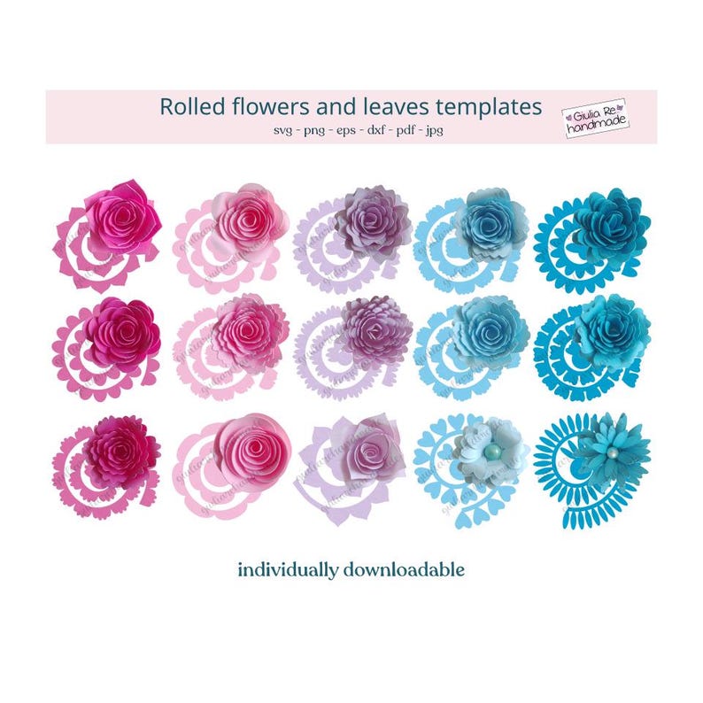 May include: A collection of paper flower templates in various colors, including pink, purple, and blue. The image includes the text "Rolled flowers and leaves templates" and "individually downloadable."