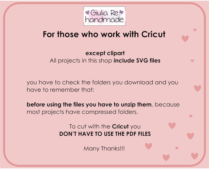 May include: A pink digital art graphic with text that reads "For those who work with Cricut" and instructions for using SVG files. The text also includes "except clipart" and "DON'T HAVE TO USE THE PDF FILES."
