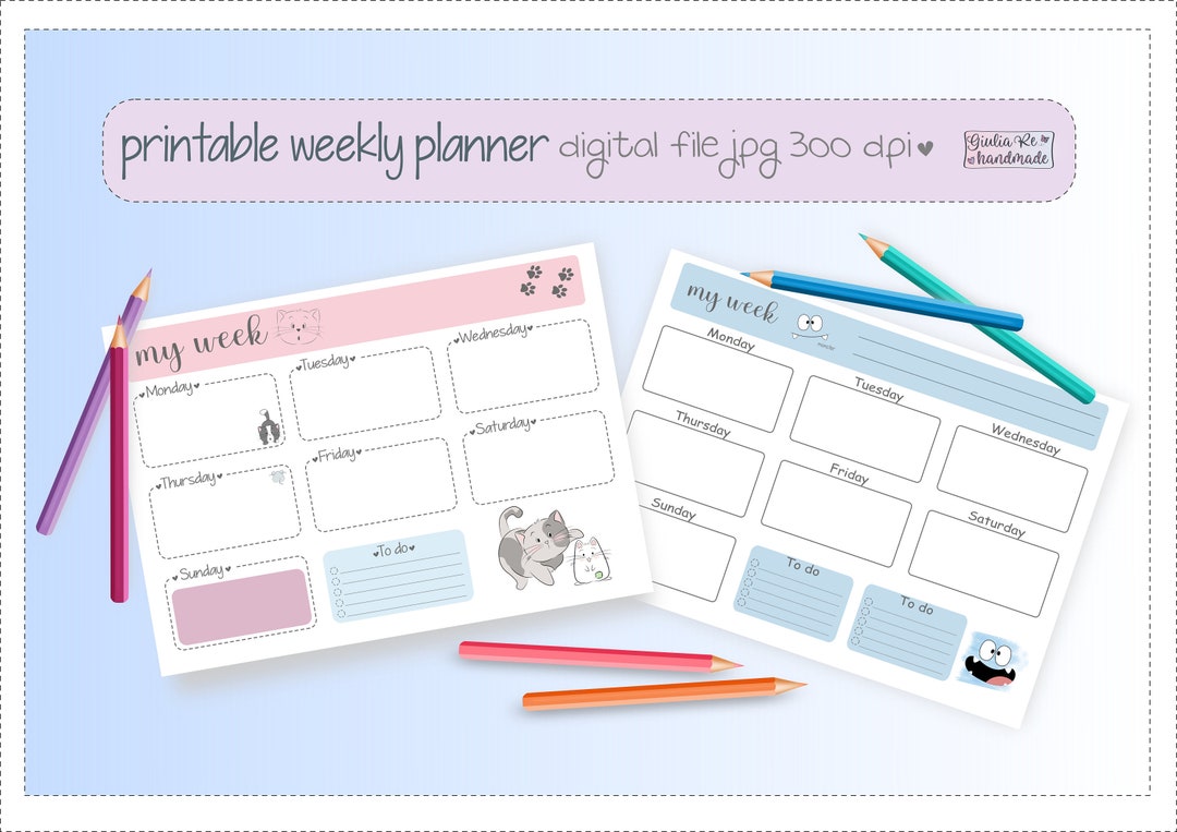 Printable Weekly Planner, Cute Cat, Cute Monster, Digital Download A4 ...