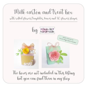 May include: Image features a milk carton and treat box design with rolled flower templates, leaves, and 80 flower shapes. The design includes a photo tutorial for Cricut Design Space. The text says "Milk carton and treat box" and "Giulia Re handmade".