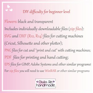 May include: A pink and white graphic with text detailing downloadable files for DIY projects. Includes SVG, DXF, PNG, PDF, and EPS files for cutting machines and printing. The text also mentions the difficulty level is for beginners.