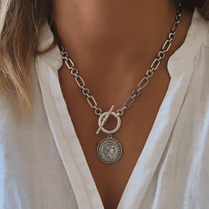 Statement toggle clasp coin necklace • Silver Toggle Clasp Necklace • Ancient Coin Necklace • Medallion necklace