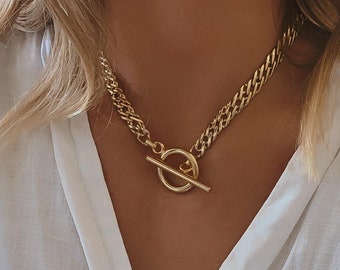 Gold Flat chain necklace • Toggle clasp Statement choker • Link chain necklace • Statement Necklace