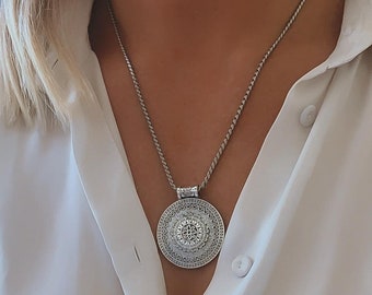 Silver Medallion necklace • Ancient Coin Choker • Silver Coin Snake Chain Necklace • Antique Coin necklace