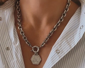 Statement Hexagon pendant necklace • Silver Chunky Medallion Choker • Silver coin necklace • Thick Cable Chain Necklace