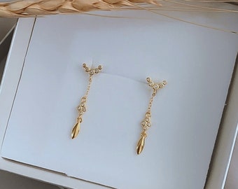 Dainty Cz Dangling Chain Drop Earrings • Dangle drop stud earrings • Dainty Cz gold earrings • Wedding earrings • Bride earrings