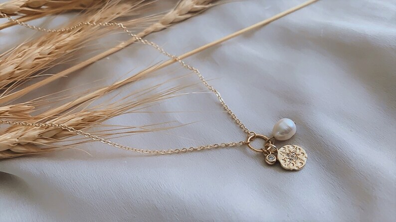 Freshwater Pearl and Charms Necklace \u2022 Single Pearl Necklace \u2022 Pearl with Pendants Necklace \u2022 Gold Necklace with white Pearl and charms