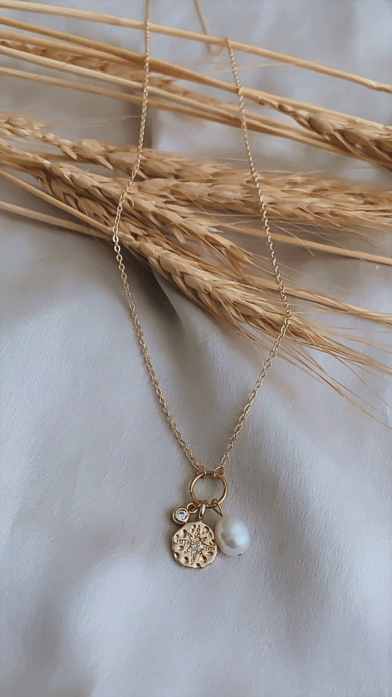 Freshwater Pearl and Charms Necklace \u2022 Single Pearl Necklace \u2022 Pearl with Pendants Necklace \u2022 Gold Necklace with white Pearl and charms