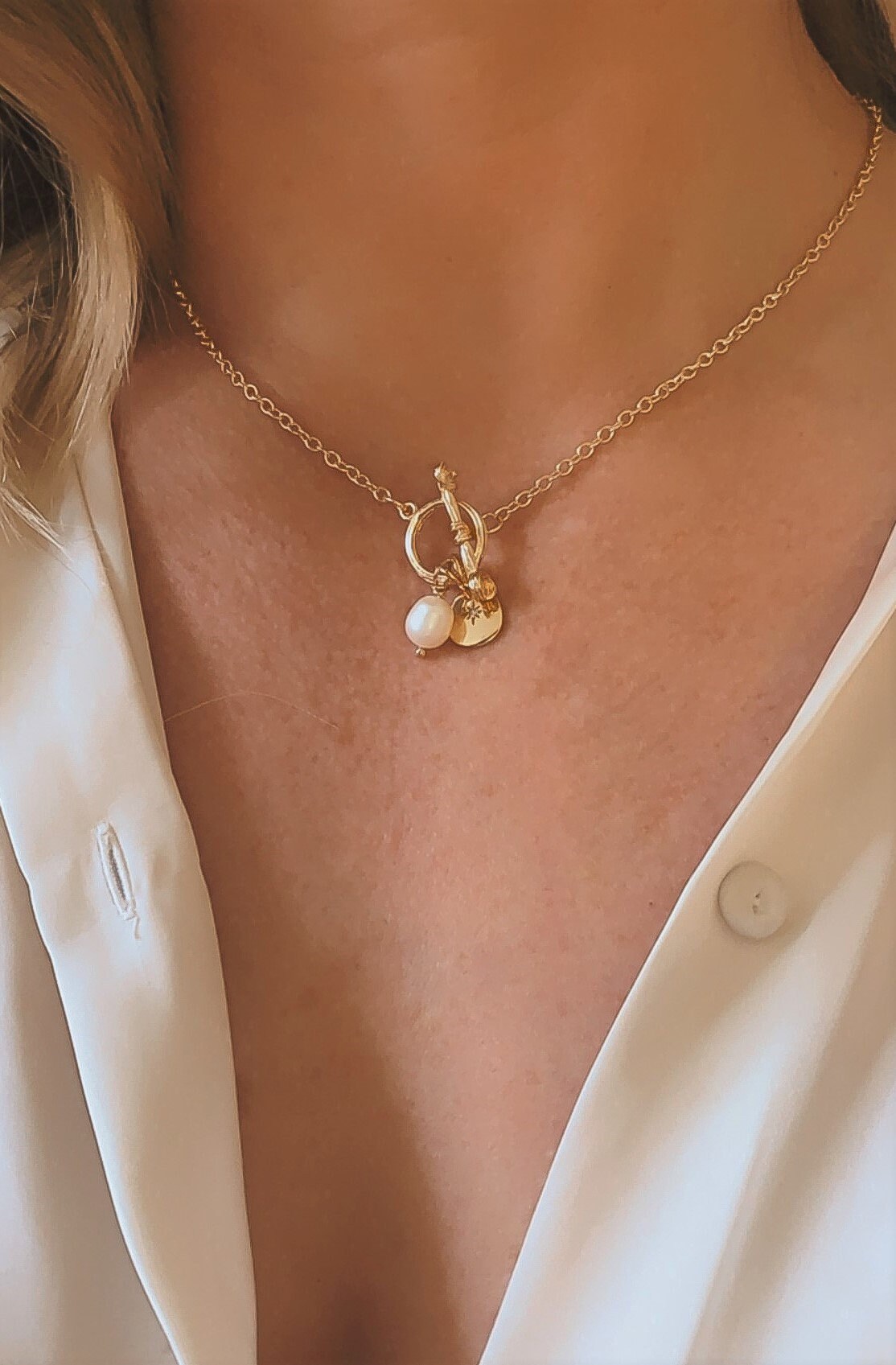 Gold Toggle Necklace with Pearl and charm Freshwater Pearl Etsy