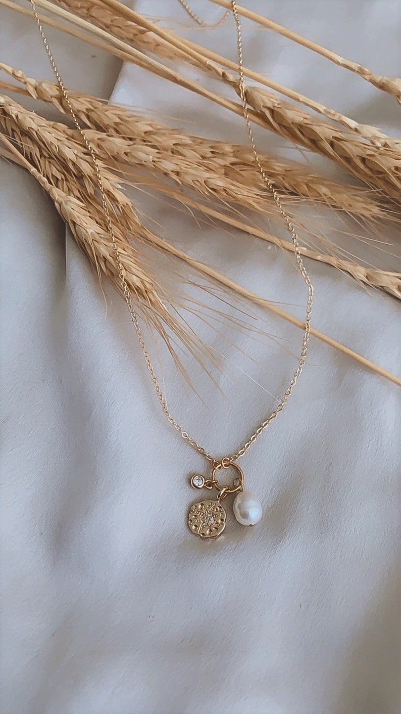 Freshwater Pearl and Charms Necklace \u2022 Single Pearl Necklace \u2022 Pearl with Pendants Necklace \u2022 Gold Necklace with white Pearl and charms