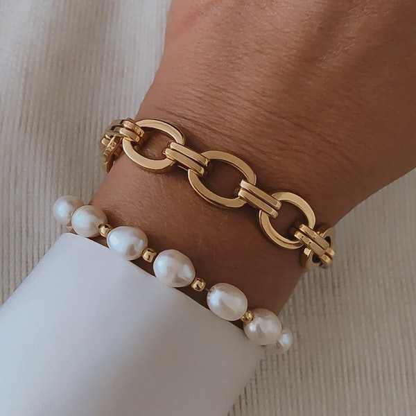 Statement gouden armband • Grote ovale Schakelarmband • Gouden dikke armband • Trendy damesarmband