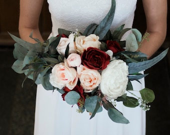 Wedding Bouquet, burgundy Wedding Bouquet, red, Boho silk bouquet, Silk Wedding Bouquet, Faux Wedding Bouquet, Garden roses