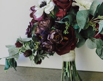 Wedding bouquet, wedding flowers, boho bouquet, bridal bouquet, blush pink, eucalyptus, burdundy, red, purple