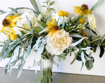 Wedding bouquet, wedding flowers, boho bouquet, bridal bouquet, yellow, eucalyptus, wildflowers, black eyed susans