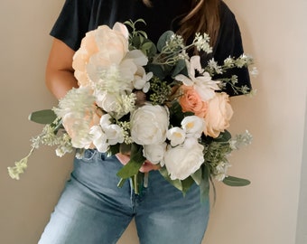 Wedding bouquet, wedding flowers, boho bouquet, bridal bouquet, blush pink, eucalyptus, white roses, peony