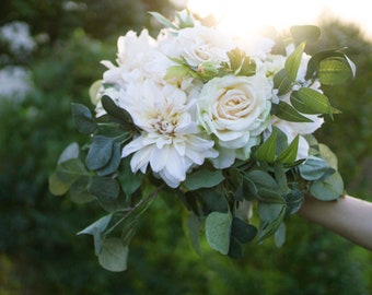 Wedding bouquet, wedding flowers, boho bouquet, bridal bouquet, white dahlia, eucalyptus, white roses, peony