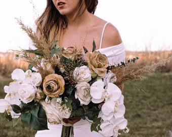 Ramo de boda, melocotón, peonías, Ramo Boho, Ramo de novias, Ramo de boda, rubor, marfil, seco, trigo, Orquídeas