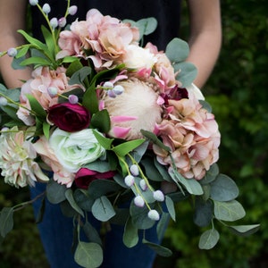 Wedding bouquet, wedding flowers, boho bouquet, bridal bouquet, blush pink, eucalyptus, protea, pink