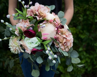 Wedding bouquet, wedding flowers, boho bouquet, bridal bouquet, blush pink, eucalyptus, protea, pink