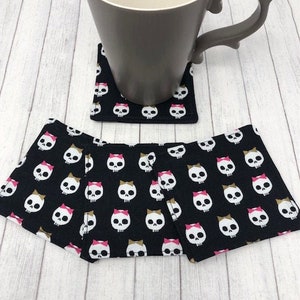 Skull with Bow Drink Coasters / Rockabilly Home Decor / Monster High / Fabric Coasters Set of 4 / Goth Alternative Kitchen Dining Decor