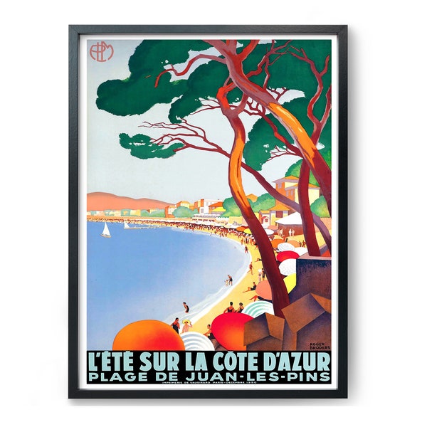 Vintage Juan-Les-Pins holiday travel poster - Roger Borders - French Riviera poster - Côte d'Azur wall decor - South of France travel poster