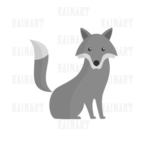 Op de afbeelding: Een grijze wolfillustratie met een witte punt op zijn staart. De wolf zit met gekruiste poten en kijkt recht vooruit.