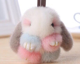 LvBo Bunny Fur Rex Rabbit Pompom Ball Doll Pendant Keychain Car Handbag Keyring
