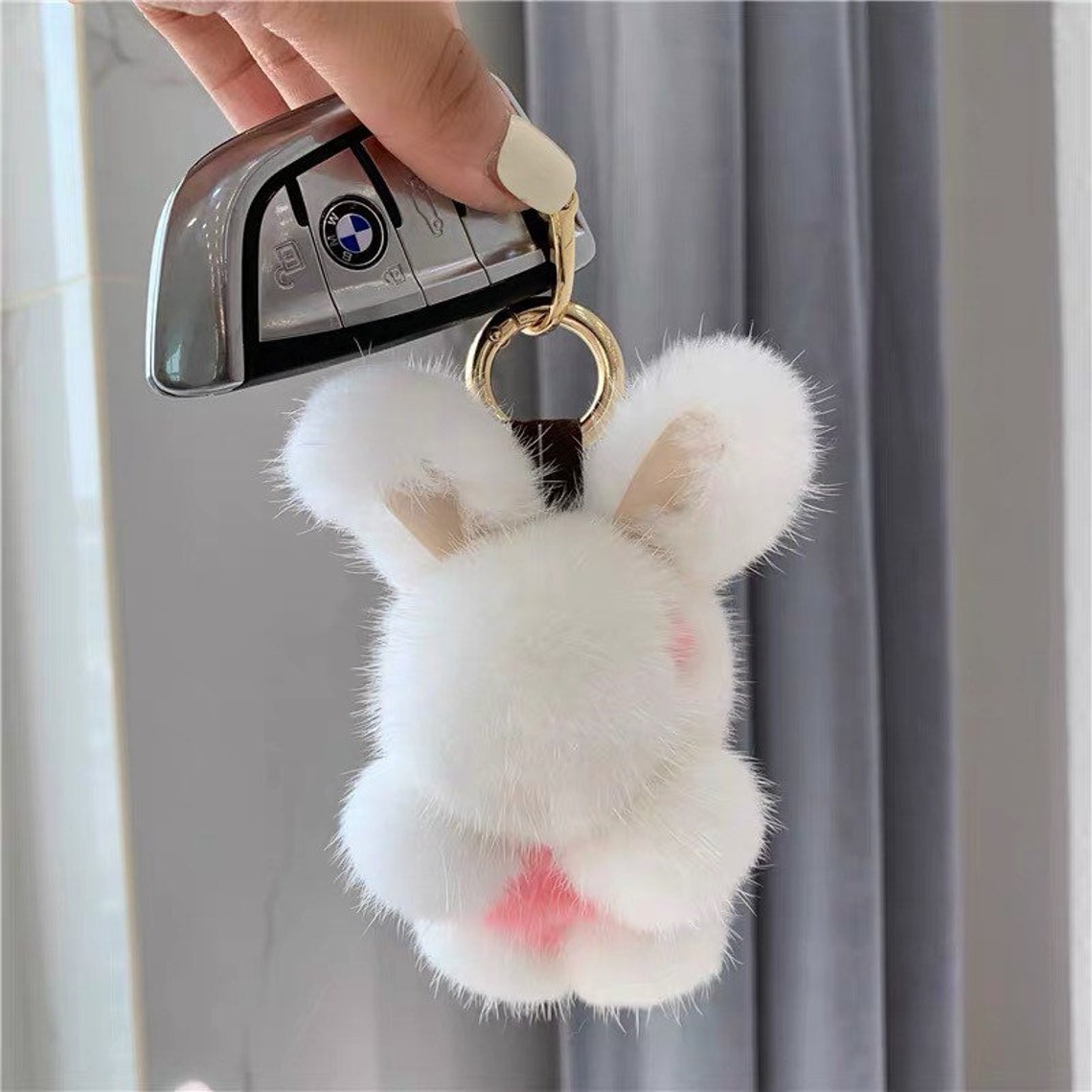 White Bunny Keychains Fluffy Pom Pom Bunny Dolls Key Ring Etsy
