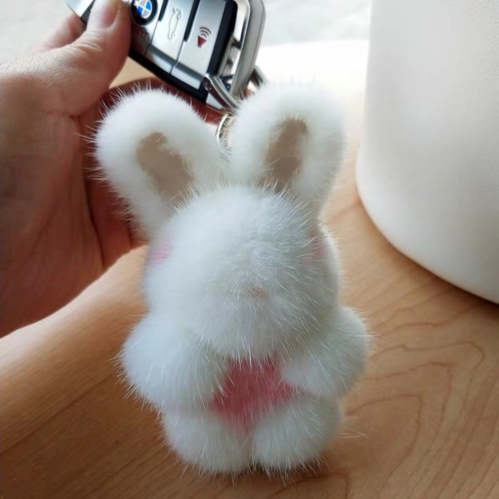 White Bunny Keychains Fluffy Pom Pom Bunny Dolls Key Ring Etsy
