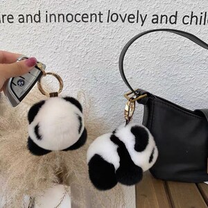 Mini 8cm Real Mink Fur Panda Bear  Ball Car Keychain Bag Charm Toy Doll Gift