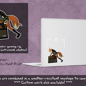 May include: A 4-inch vinyl sticker featuring a cartoon fox wearing a green kilt and holding a guitar amplifier. The sticker is printed on water-resistant vinyl and is ideal for laptops, gaming rigs, or musical instruments. The text "TIKA" is visible on the amplifier.
