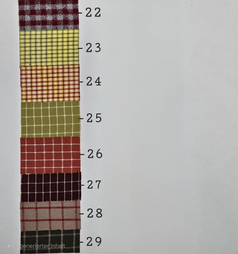 May include: A vertical fabric swatch chart featuring eight distinct plaid and checkered patterns labeled with numbers 22 through 29. The colors include maroon, yellow, orange, olive green, rust red, dark brown, beige, and charcoal gray with white lines.